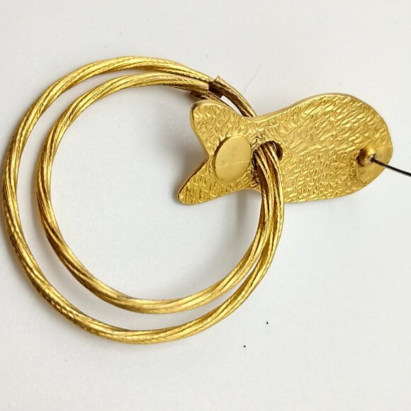 Vintage Norma Jean Matte Gold Fish Hoop Earrings Unique Double Hoop Dangle - Picture 7 of 10